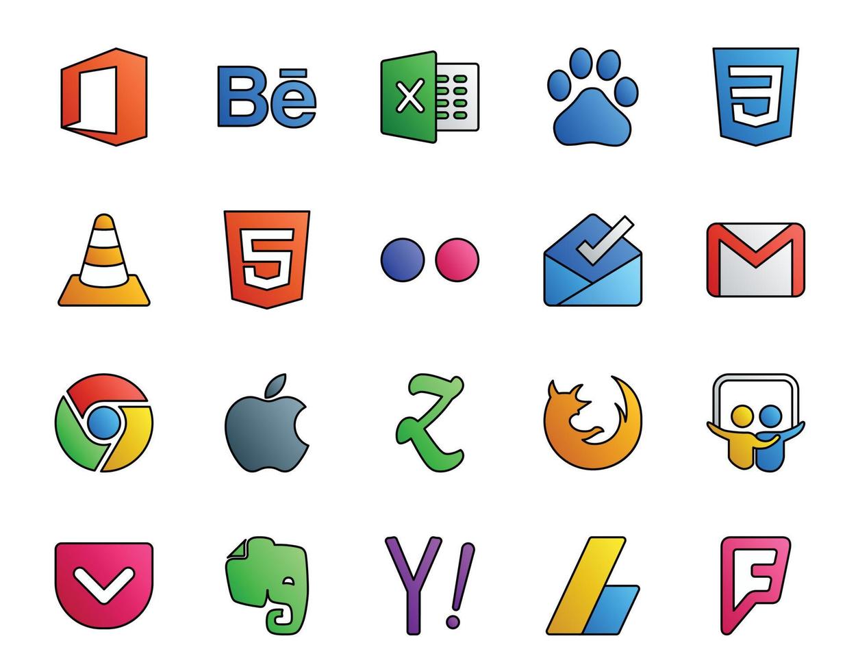 paquete de 20 íconos de redes sociales que incluye firefox apple html chrome email vector
