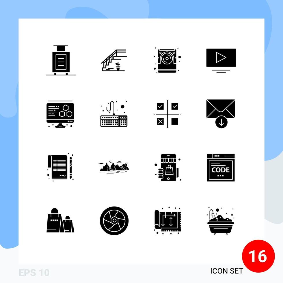 Set of 16 Vector Solid Glyphs on Grid for computer printing computer youtube video Editable Vector Design Elements