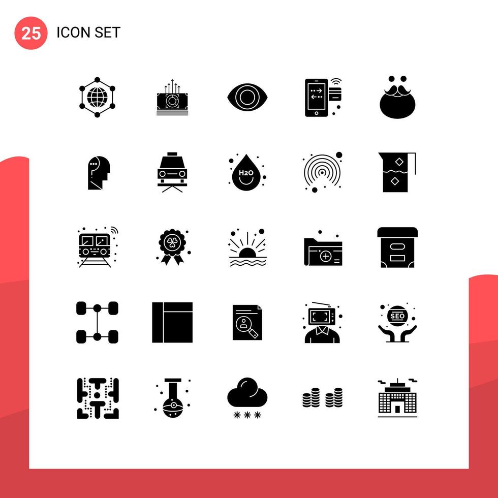 Pack of 25 creative Solid Glyphs of santa hipster view moustache mobile Editable Vector Design Elements