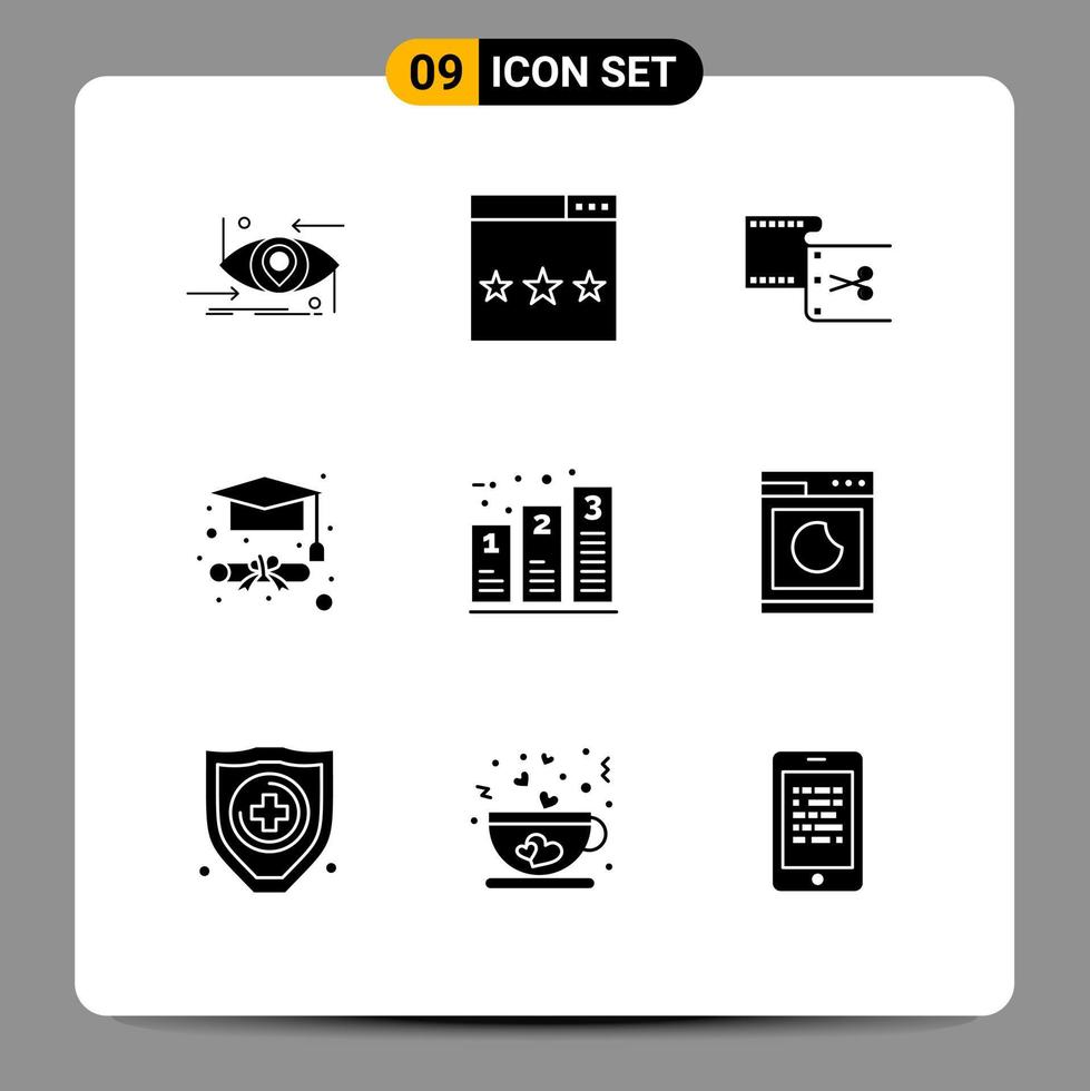 Set of 9 Commercial Solid Glyphs pack for graduation cap degree ranking movie edit Editable Vector Design Elements