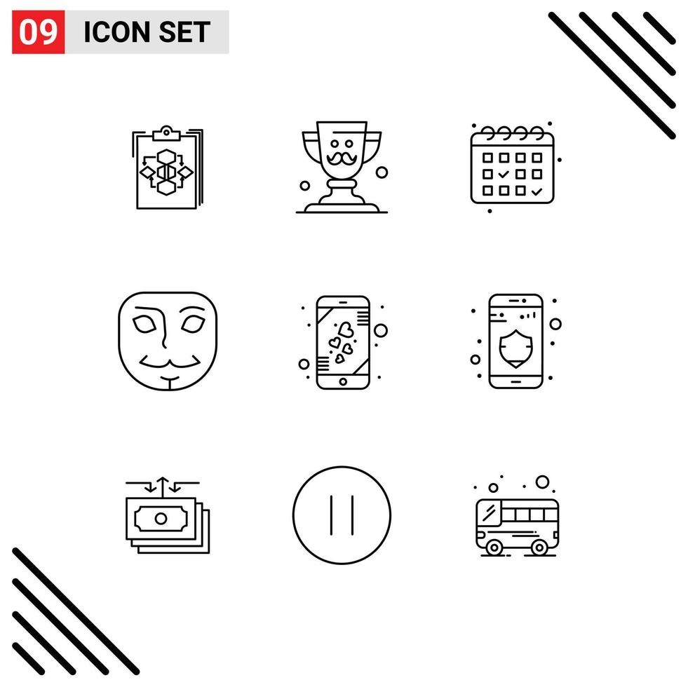 Stock Vector Icon Pack of 9 Line Signs and Symbols for heart face dad anonymous calender Editable Vector Design Elements