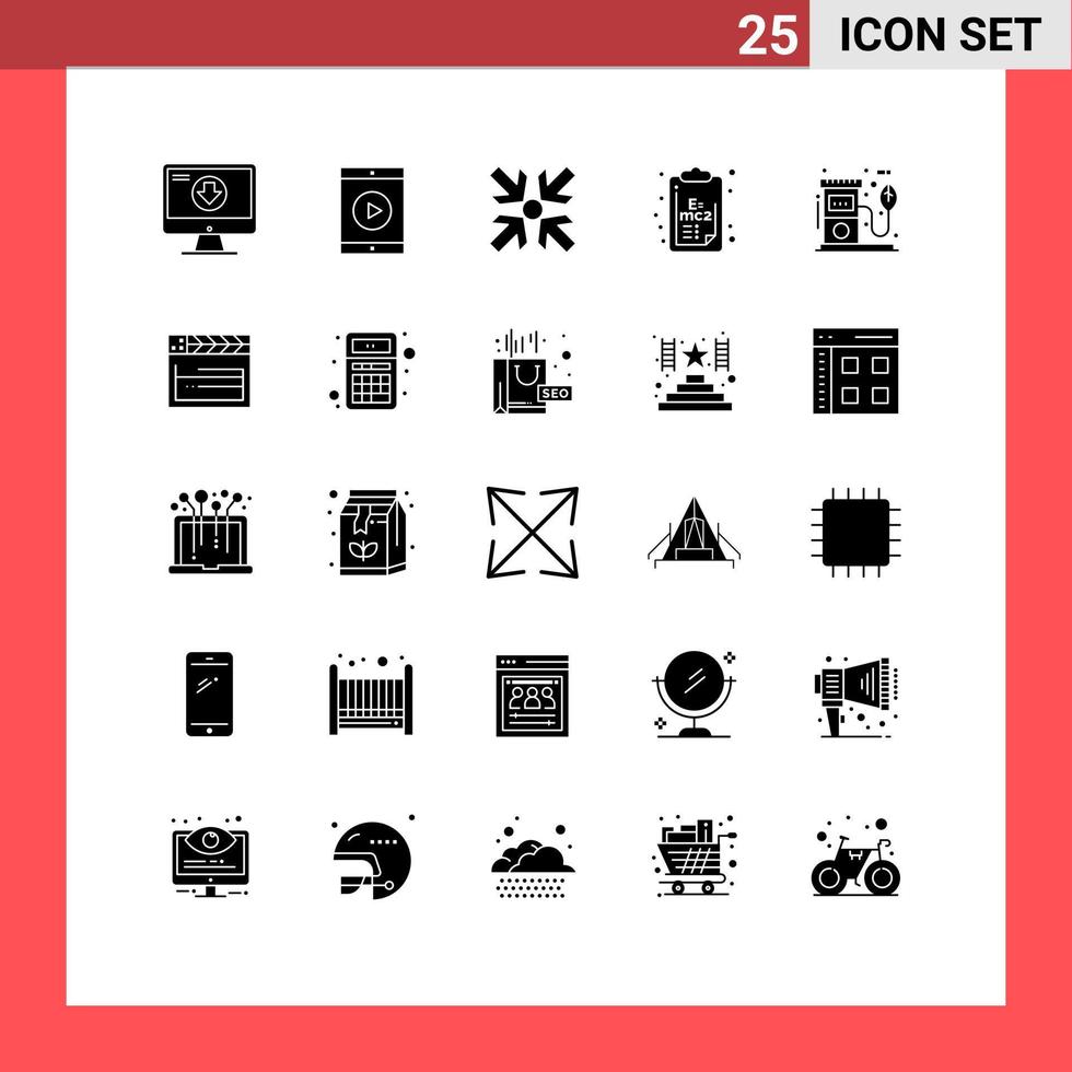 Solid Glyph Pack of 25 Universal Symbols of eco science movie formula minimize Editable Vector Design Elements