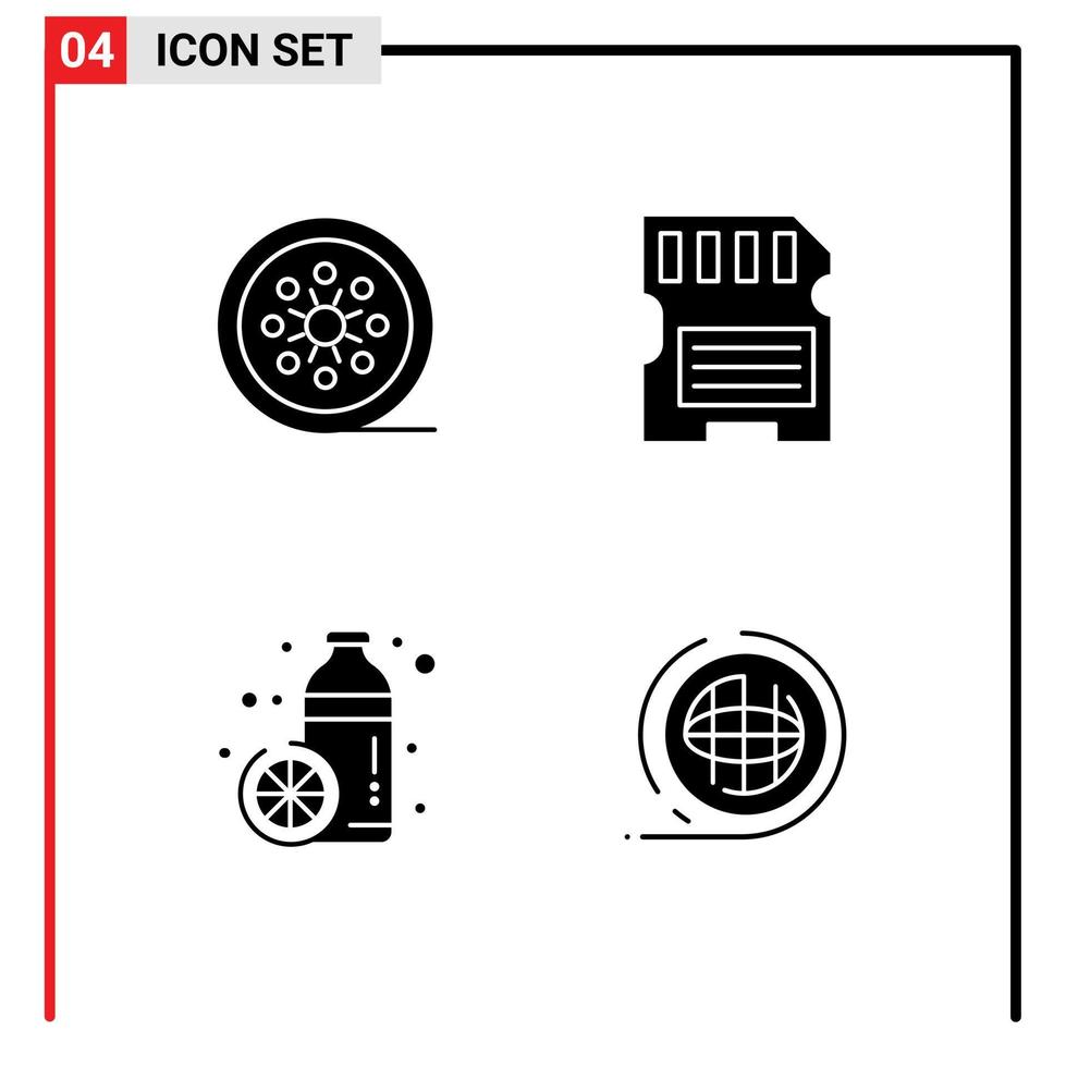 Modern Set of 4 Solid Glyphs Pictograph of black film bottle tape reel hardware healthy Editable Vector Design Elements