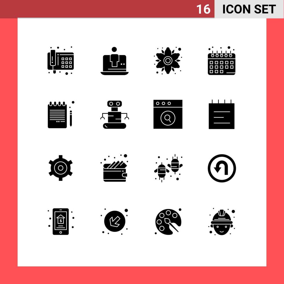 16 User Interface Solid Glyph Pack of modern Signs and Symbols of education back to school chamomile plans diet planning Editable Vector Design Elements