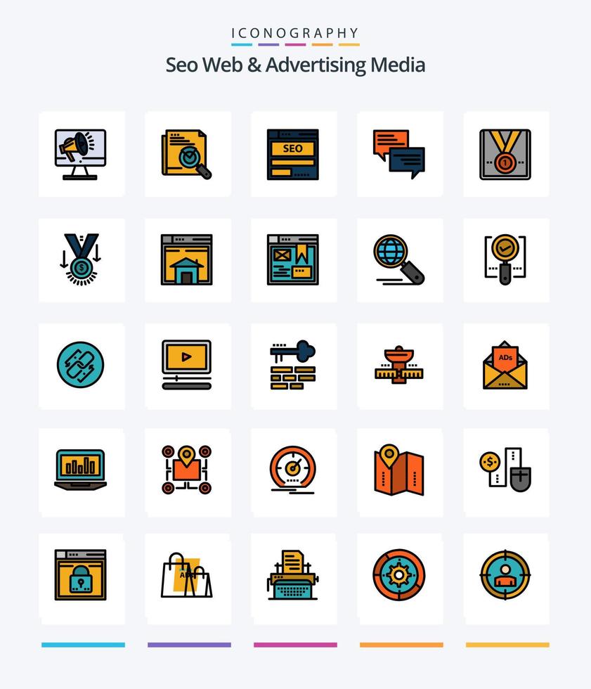 Creative seo web y medios publicitarios paquete de iconos rellenos de 25 líneas, como mensaje. tecnología búsqueda de página. SEO datos vector