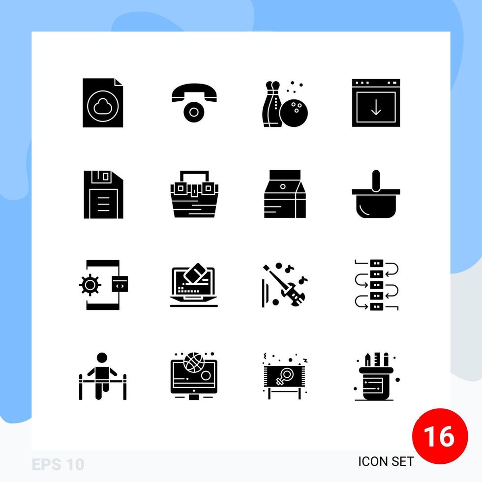 User Interface Pack of 16 Basic Solid Glyphs of bag office hobby floppy disk element Editable Vector Design Elements