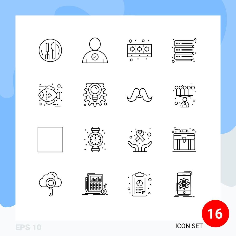 Modern Set of 16 Outlines Pictograph of gear food cooking fish server Editable Vector Design Elements