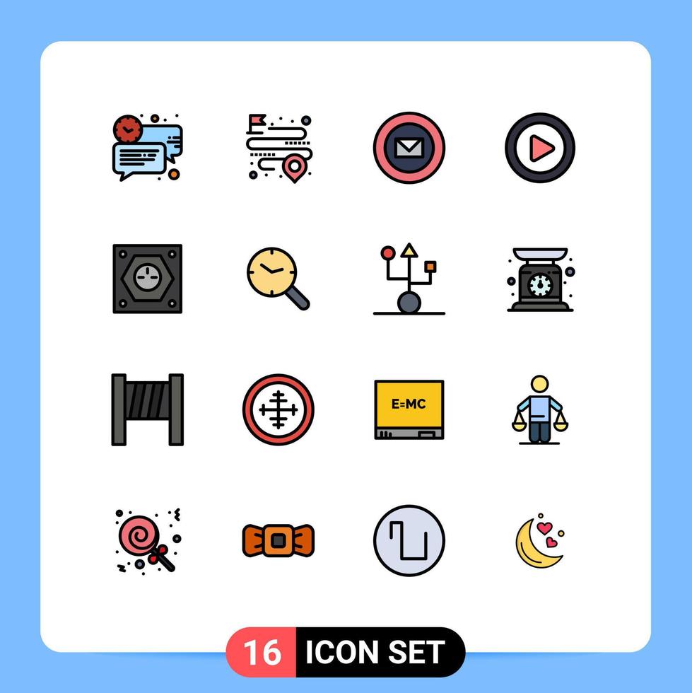 Modern Set of 16 Flat Color Filled Lines Pictograph of energy video route play stamps Editable Creative Vector Design Elements