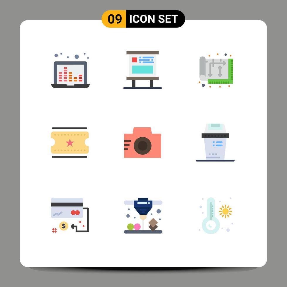 Mobile Interface Flat Color Set of 9 Pictograms of camera film tickets pubic cinema tickets house Editable Vector Design Elements