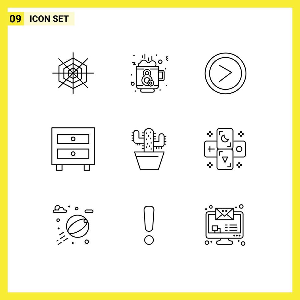 Set of 9 Modern UI Icons Symbols Signs for pot cactos interface school drawer Editable Vector Design Elements