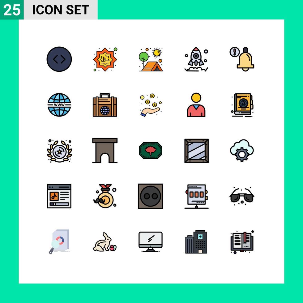 25 User Interface Filled line Flat Color Pack of modern Signs and Symbols of alert rocket camp launch sun Editable Vector Design Elements