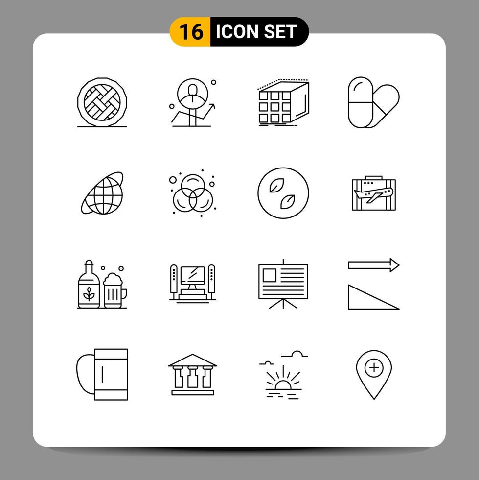 Mobile Interface Outline Set of 16 Pictograms of globe pill analytics matrix cube Editable Vector Design Elements