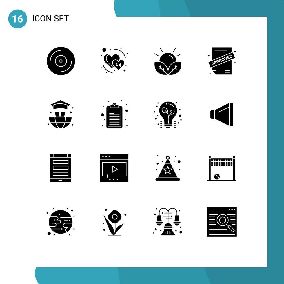 Paquete de glifos sólidos de 16 interfaces de usuario de signos y símbolos modernos de elementos de diseño de vectores editables de aplicación de contrato de cultivos mundiales de graduación