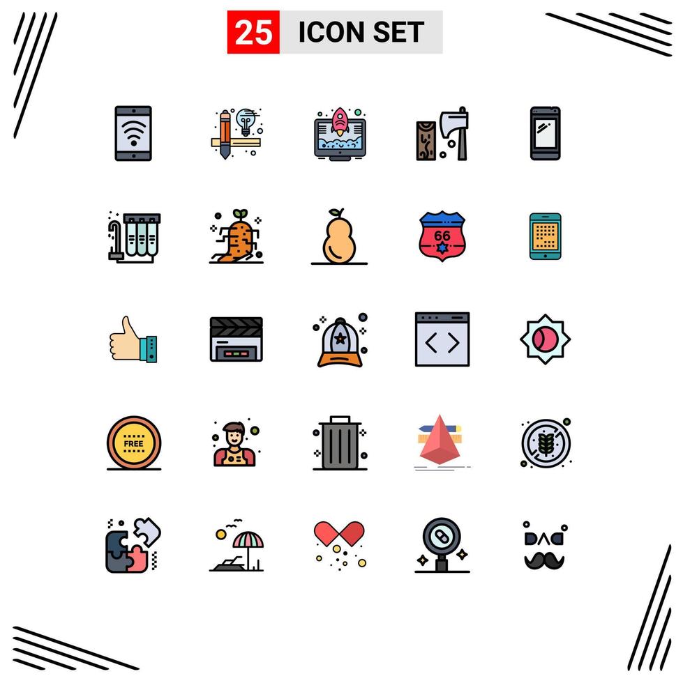 Pictogram Set of 25 Simple Filled line Flat Colors of mobile phone startup wood cutting Editable Vector Design Elements