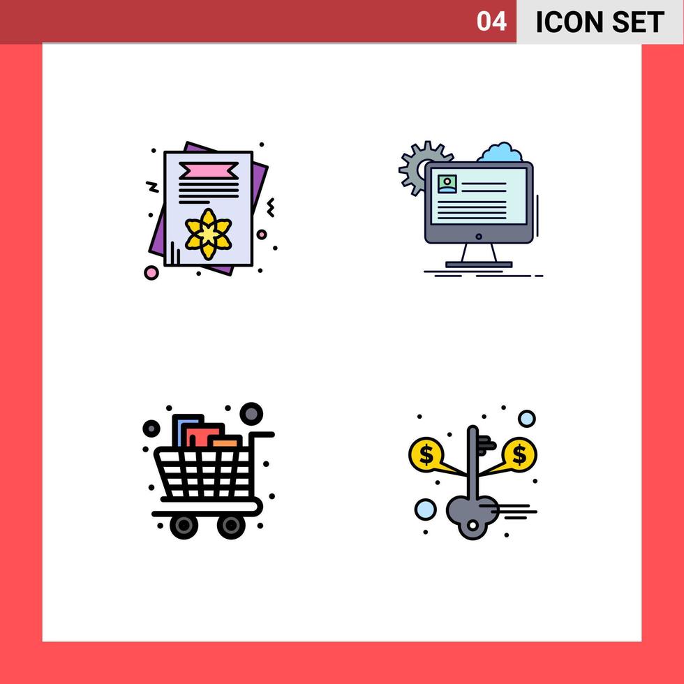 Modern Set of 4 Filledline Flat Colors and symbols such as card cart invite card report groceries Editable Vector Design Elements
