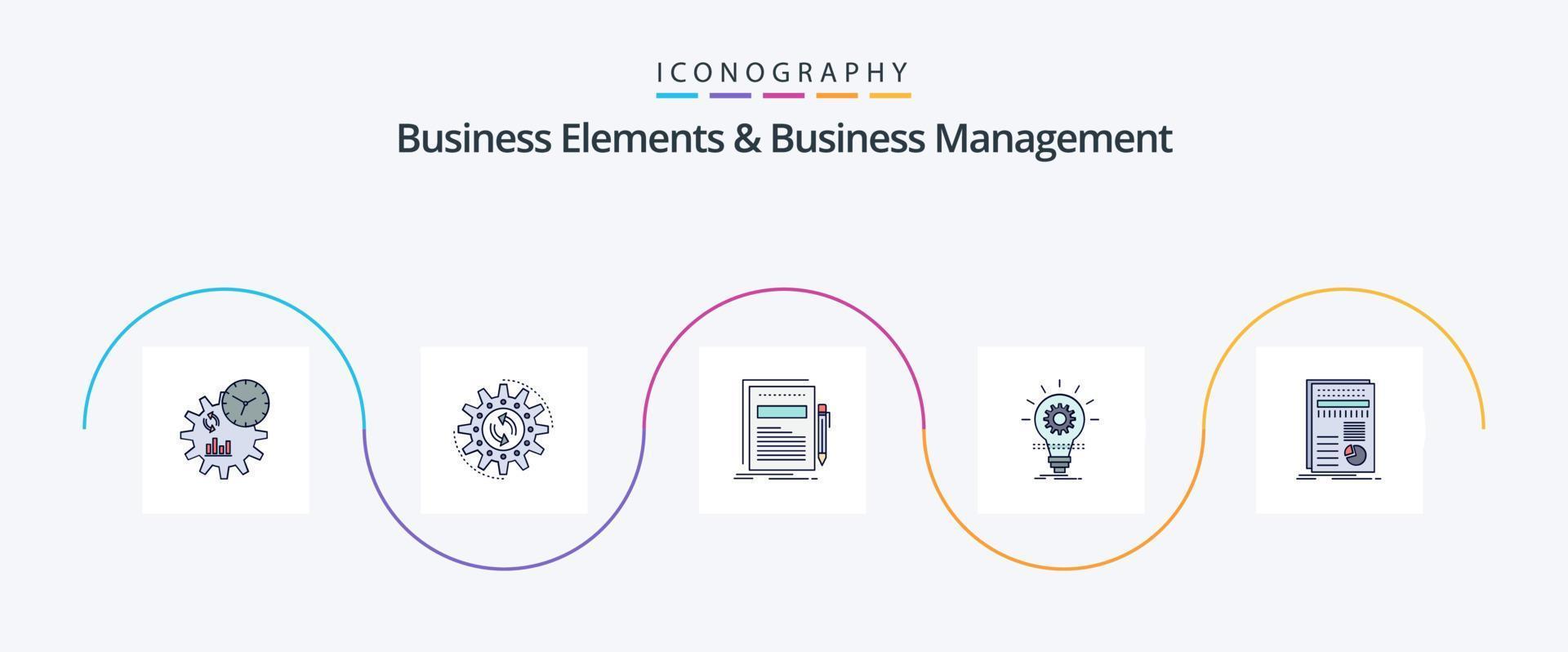 Business Elements And Business Managment Line Filled Flat 5 Icon Pack Including innovation. develop. work. bulb. paper vector