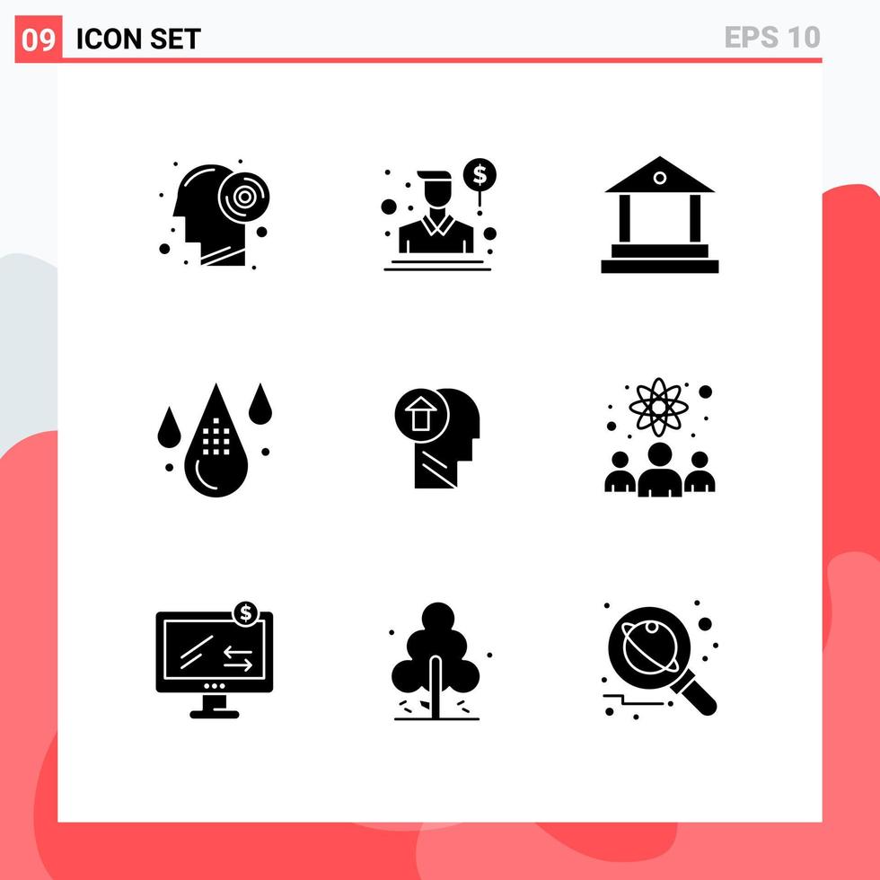 Group of 9 Solid Glyphs Signs and Symbols for head drop bank development color Editable Vector Design Elements