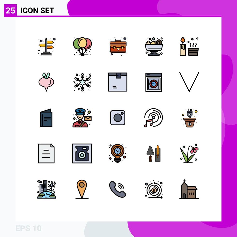 paquete de 25 modernos signos y símbolos de colores planos de línea rellena para medios de impresión web, como la cartera de spa de alimentos, elementos de diseño de vectores editables de verano natural