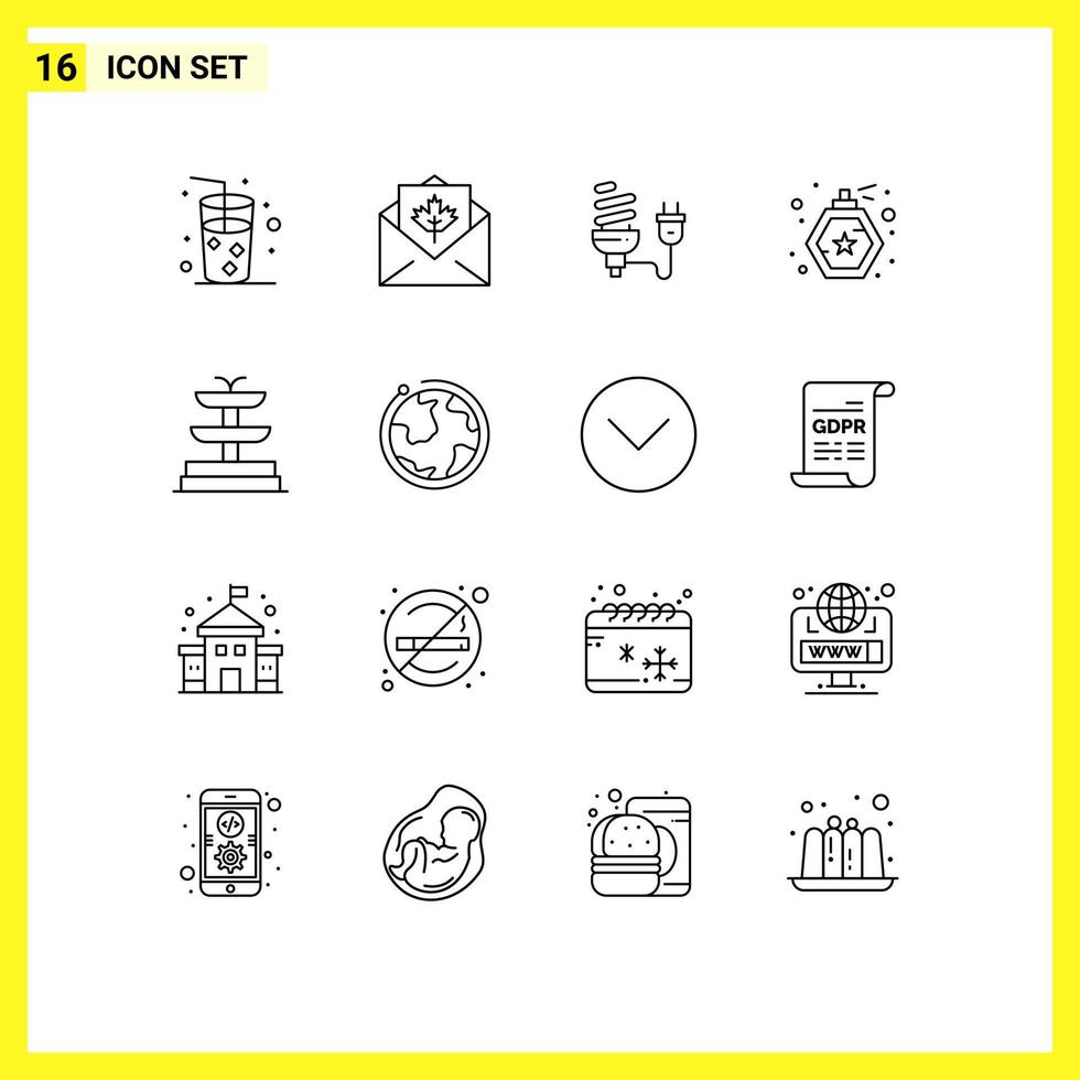 Outline Pack of 16 Universal Symbols of fountain perfume bulb bottle light bulb Editable Vector Design Elements