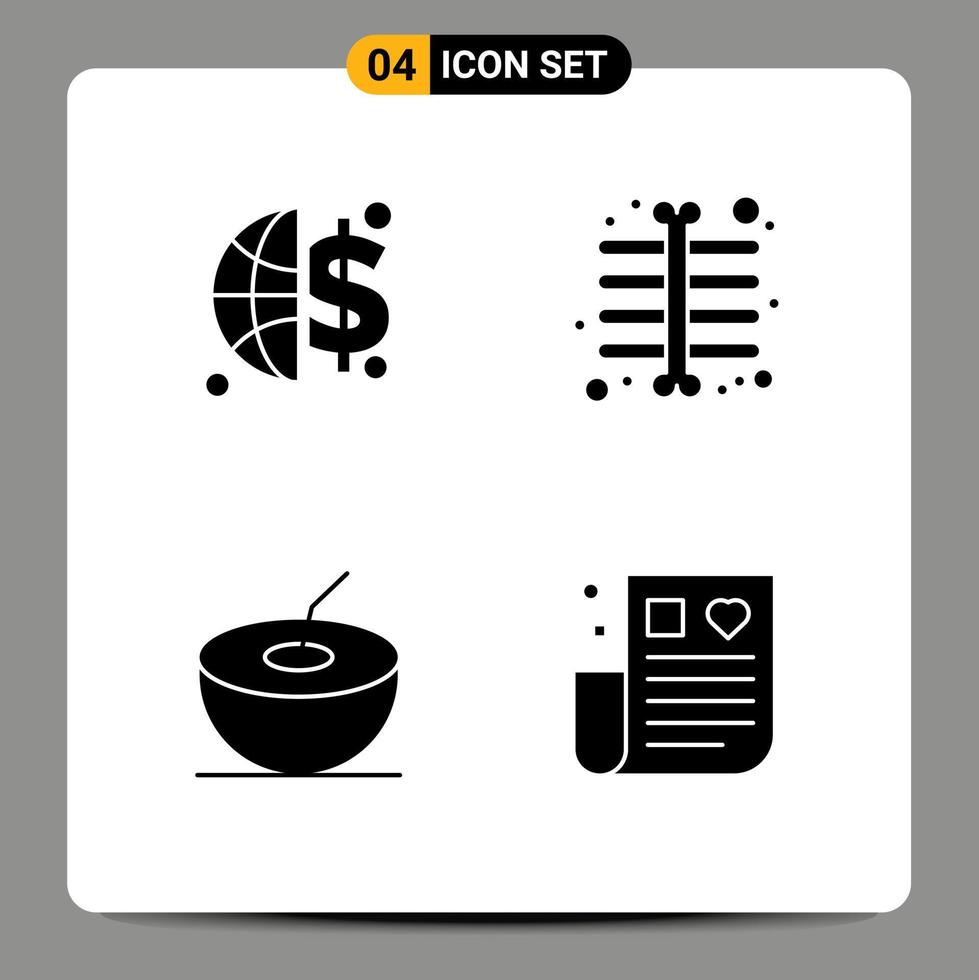 Pack of 4 Modern Solid Glyphs Signs and Symbols for Web Print Media such as finance healthcare chest coconut remedy Editable Vector Design Elements