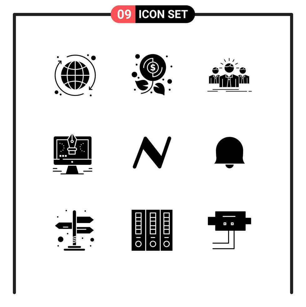 Pack of 9 Modern Solid Glyphs Signs and Symbols for Web Print Media such as name coin software career comuter pen Editable Vector Design Elements