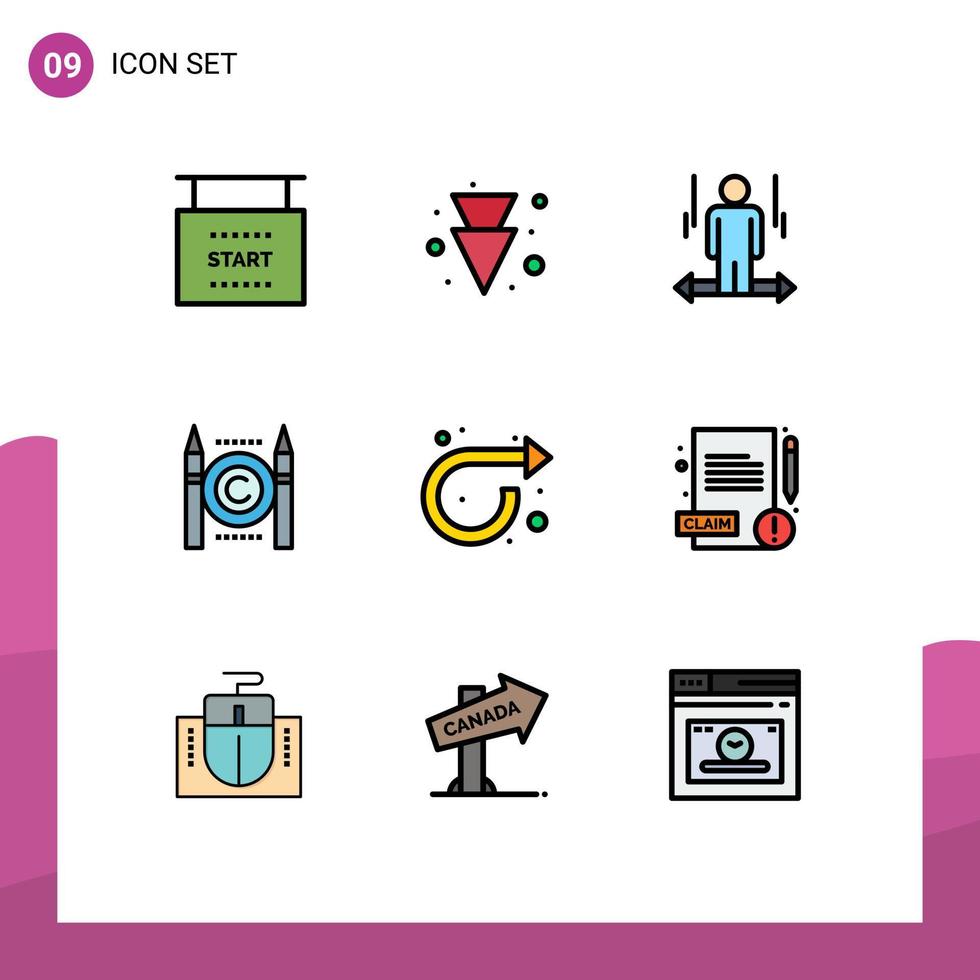 Group of 9 Modern Filledline Flat Colors Set for forward digital man copyright business Editable Vector Design Elements