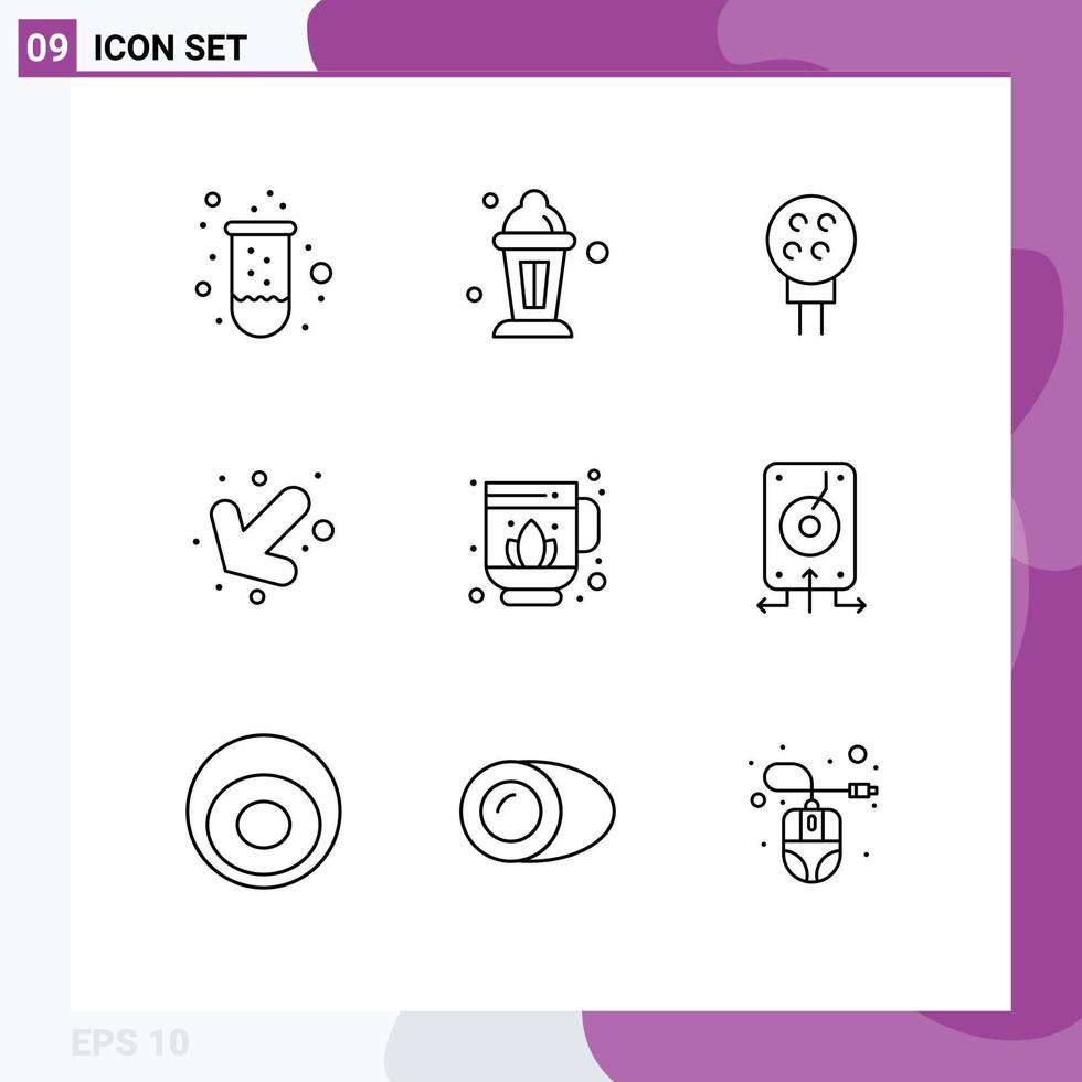 Modern Set of 9 Outlines Pictograph of lotus jag golf left arrow Editable Vector Design Elements