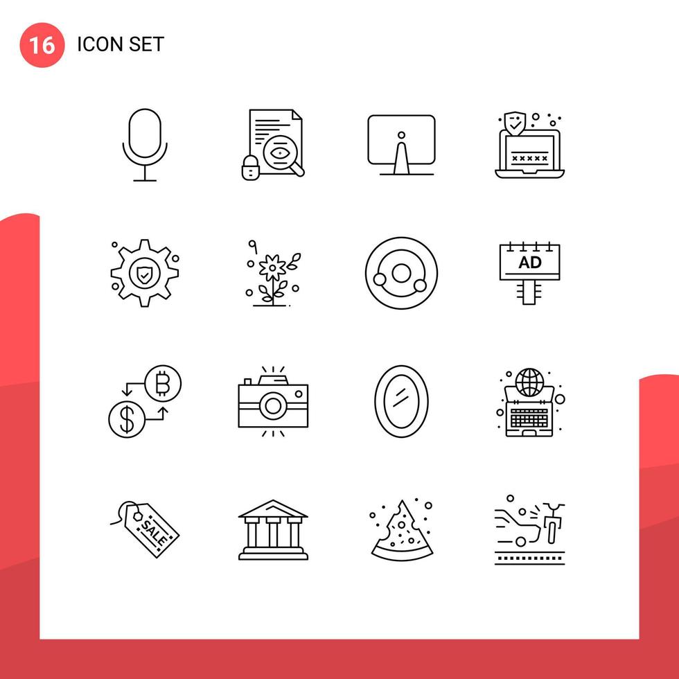 Pack of 16 Modern Outlines Signs and Symbols for Web Print Media such as service setting computer laptop password Editable Vector Design Elements