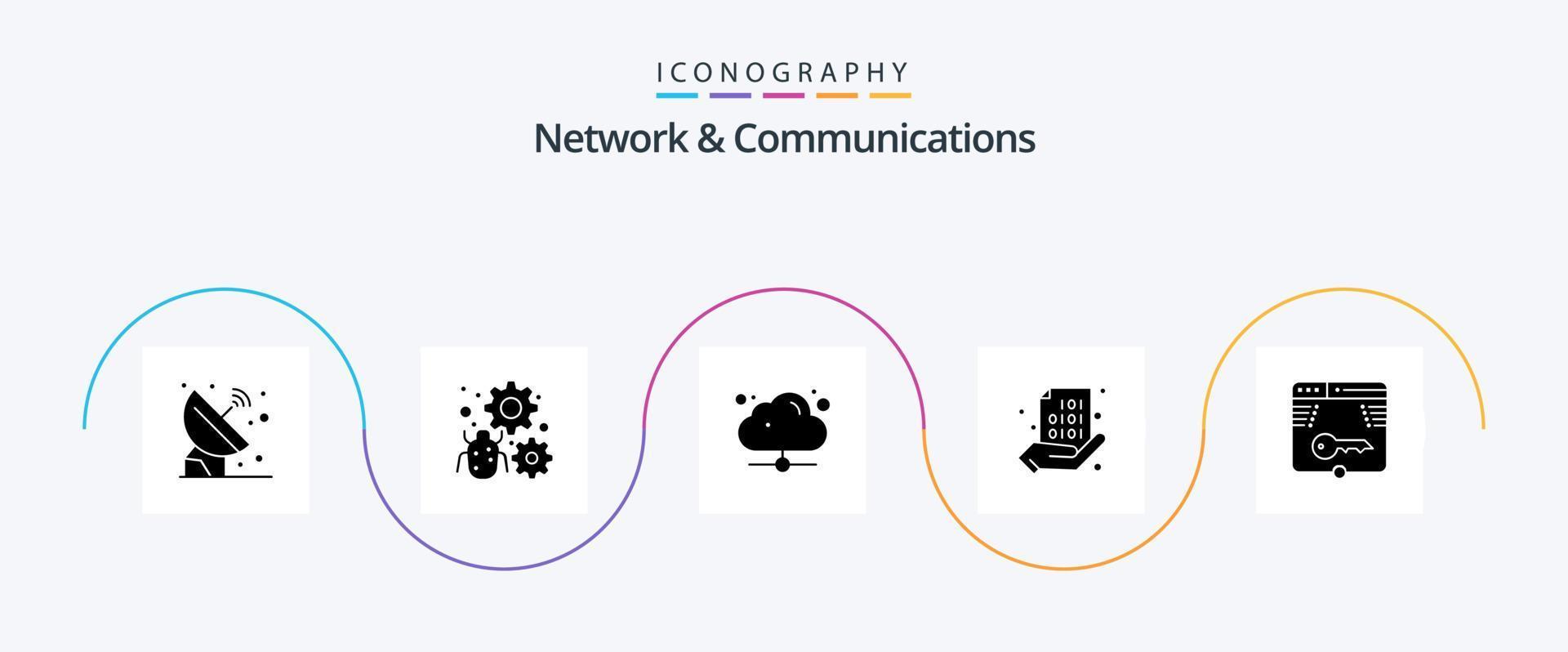 Network And Communications Glyph 5 Icon Pack Including hand. binary. setting. code. share vector