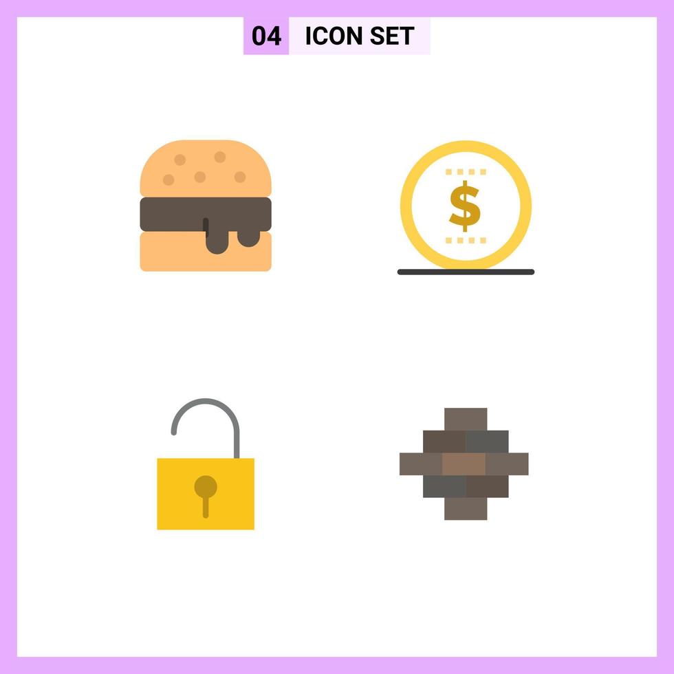 4 User Interface Flat Icon Pack of modern Signs and Symbols of fast food building money unlocked 5 Editable Vector Design Elements