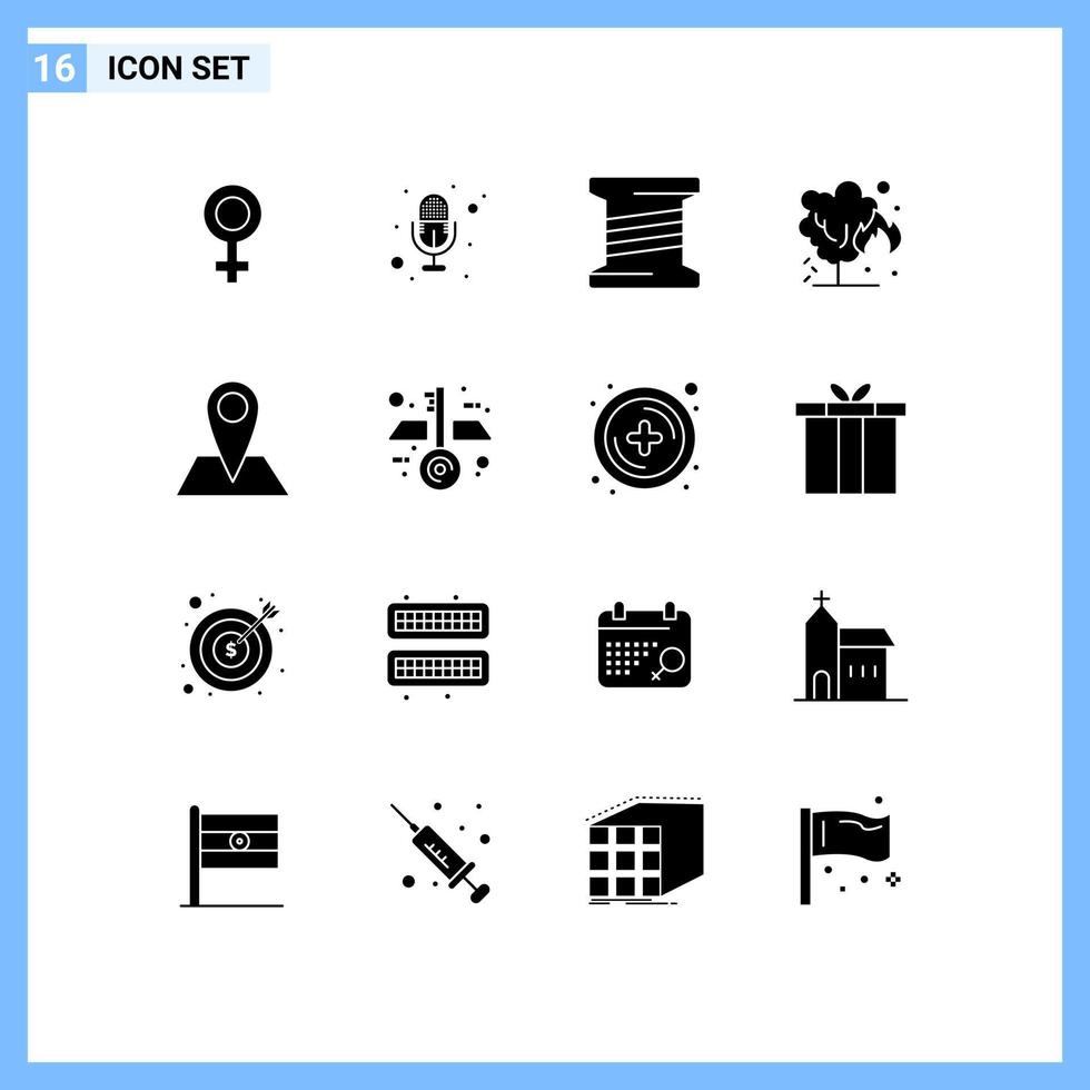 Pack of 16 creative Solid Glyphs of architecture map thread location pollution Editable Vector Design Elements