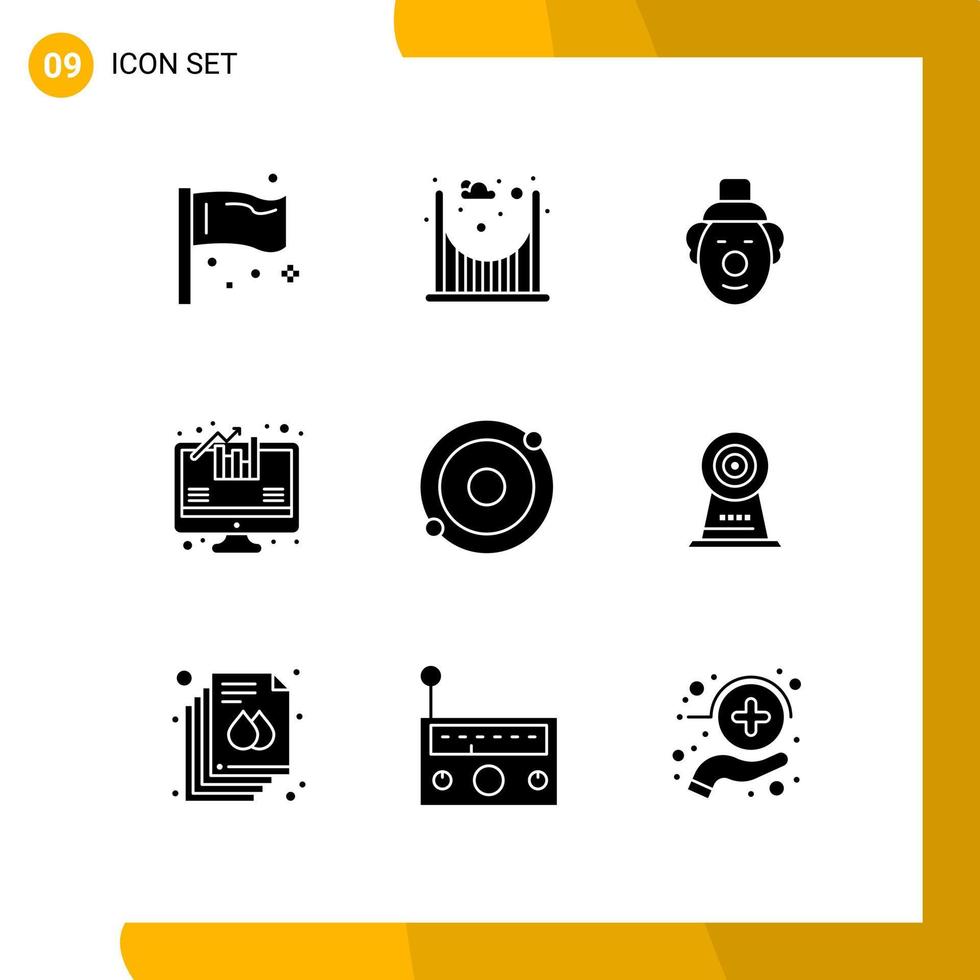 Universal Icon Symbols Group of 9 Modern Solid Glyphs of camera molecule joker atom analytics Editable Vector Design Elements