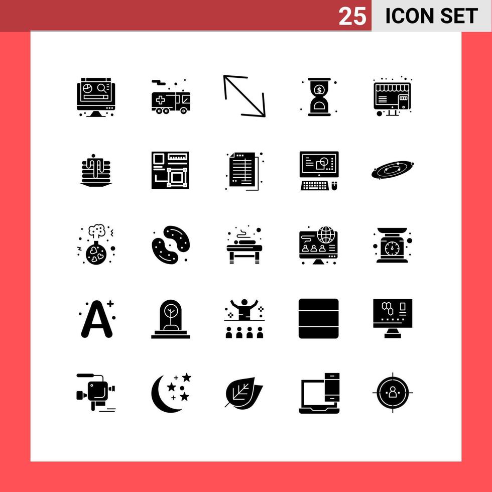 Pack of 25 Modern Solid Glyphs Signs and Symbols for Web Print Media such as marketing online corner buy timer Editable Vector Design Elements