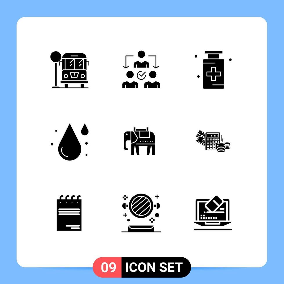 Set of 9 Vector Solid Glyphs on Grid for american water drug drop blood Editable Vector Design Elements