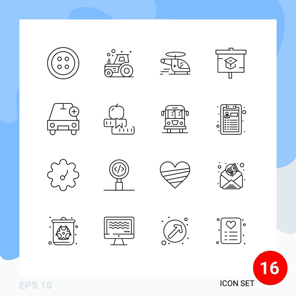 16 iconos creativos, signos y símbolos modernos de la tabla de presentación del helicóptero de la escuela de automóviles, elementos de diseño vectorial editables vector