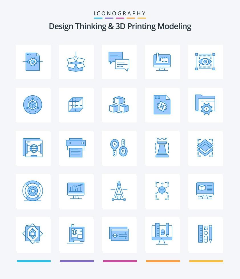 Creative Design Thinking And D Printing Modeling 25 Blue icon pack  Such As view. factory. chat. monitore. computer vector