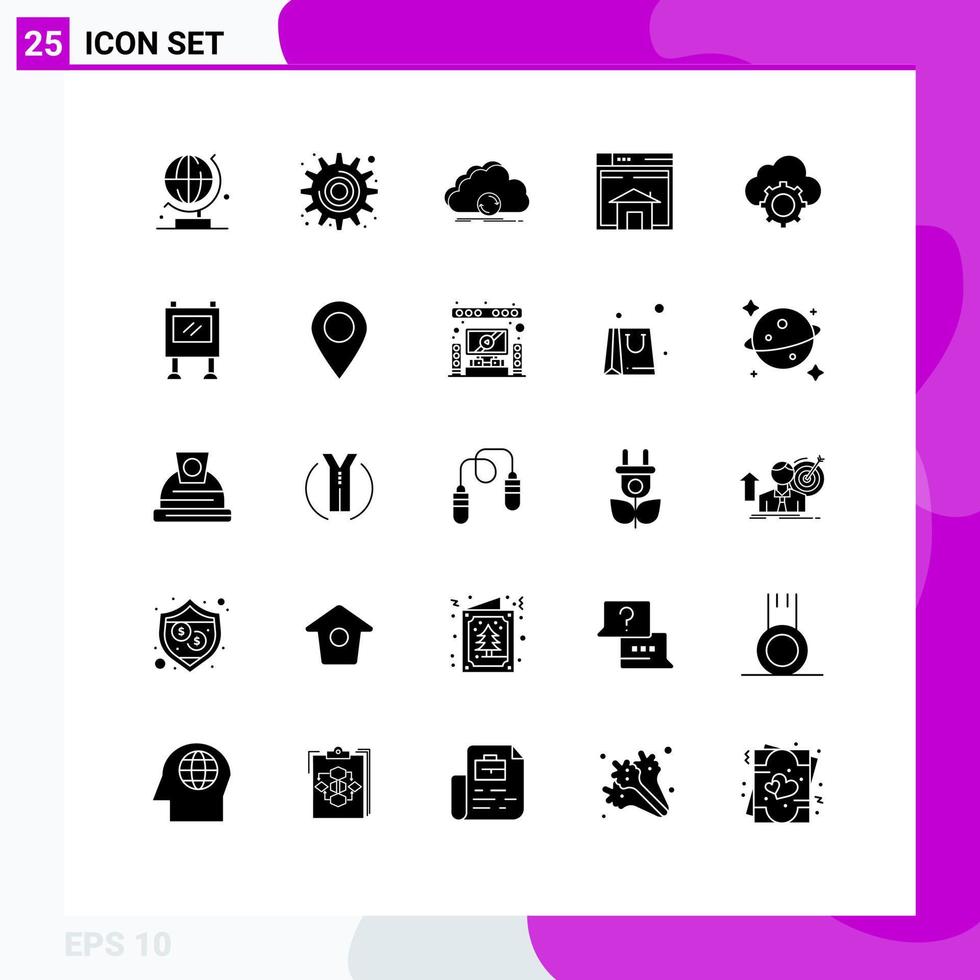 Pack of 25 Modern Solid Glyphs Signs and Symbols for Web Print Media such as website layout syncing web home Editable Vector Design Elements