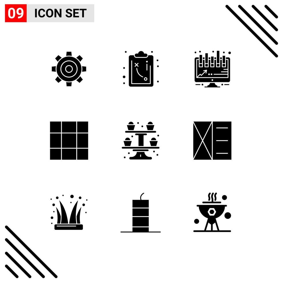 Modern Set of 9 Solid Glyphs Pictograph of accessories cupcake analytics cooking mesh Editable Vector Design Elements