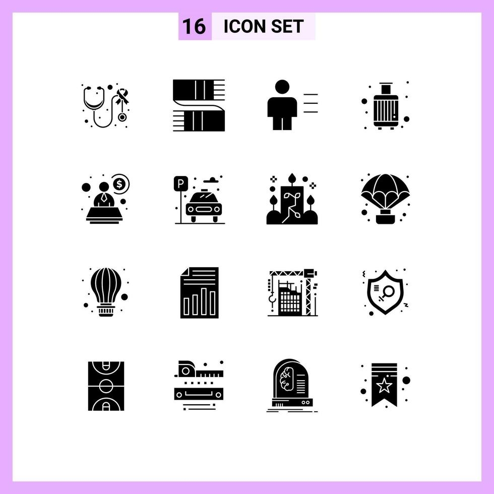 Solid Glyph Pack of 16 Universal Symbols of travel luggage analytics case human Editable Vector Design Elements
