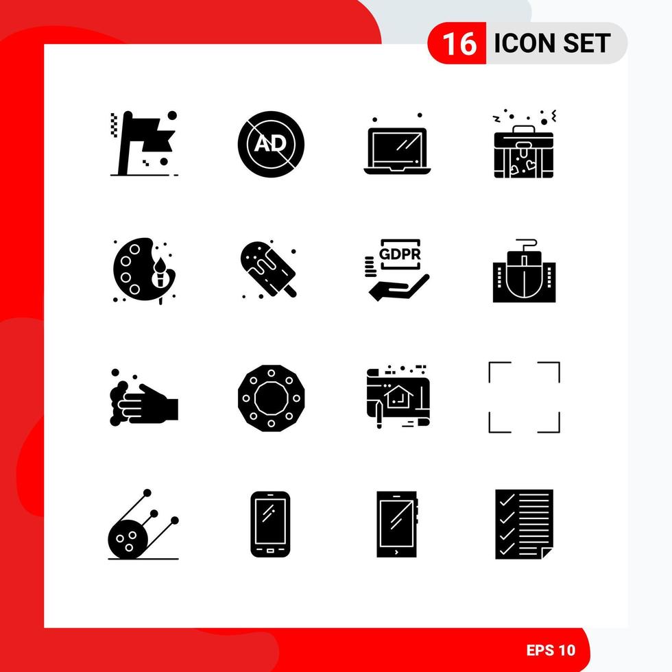 Solid Glyph Pack of 16 Universal Symbols of paint art block love bag Editable Vector Design Elements