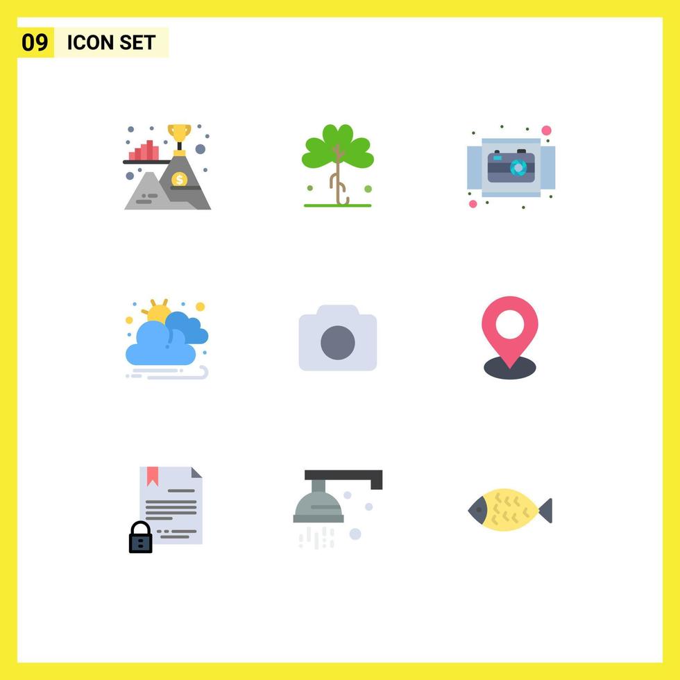 Group of 9 Modern Flat Colors Set for camera cloud plant autumn product Editable Vector Design Elements