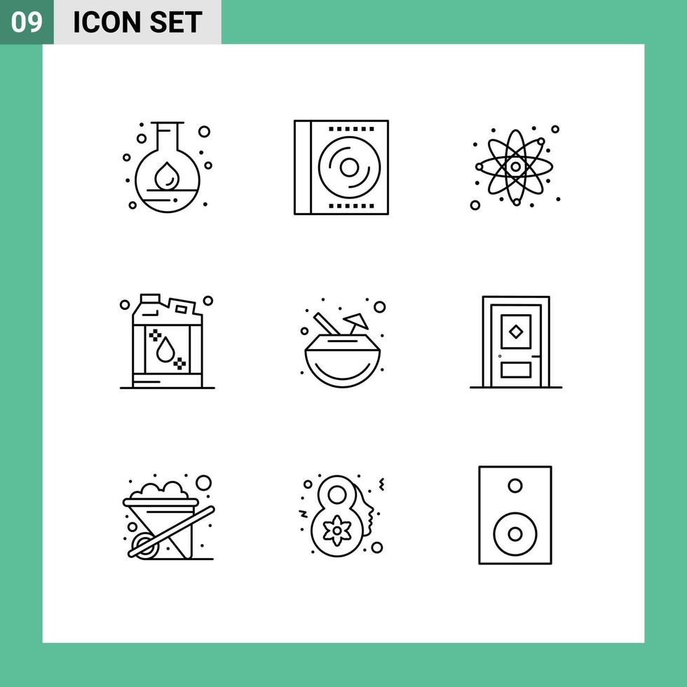 Mobile Interface Outline Set of 9 Pictograms of carnival liquid disc kerosene bottle Editable Vector Design Elements