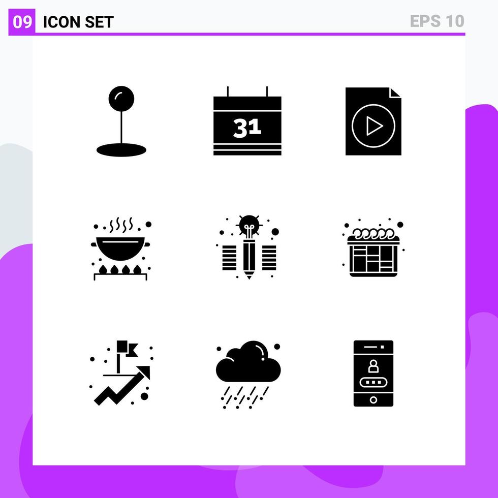 paquete de líneas vectoriales editables de 9 glifos sólidos simples de iteración de flujo de trabajo lápiz de cocina elementos de diseño vectorial editables creativos vector