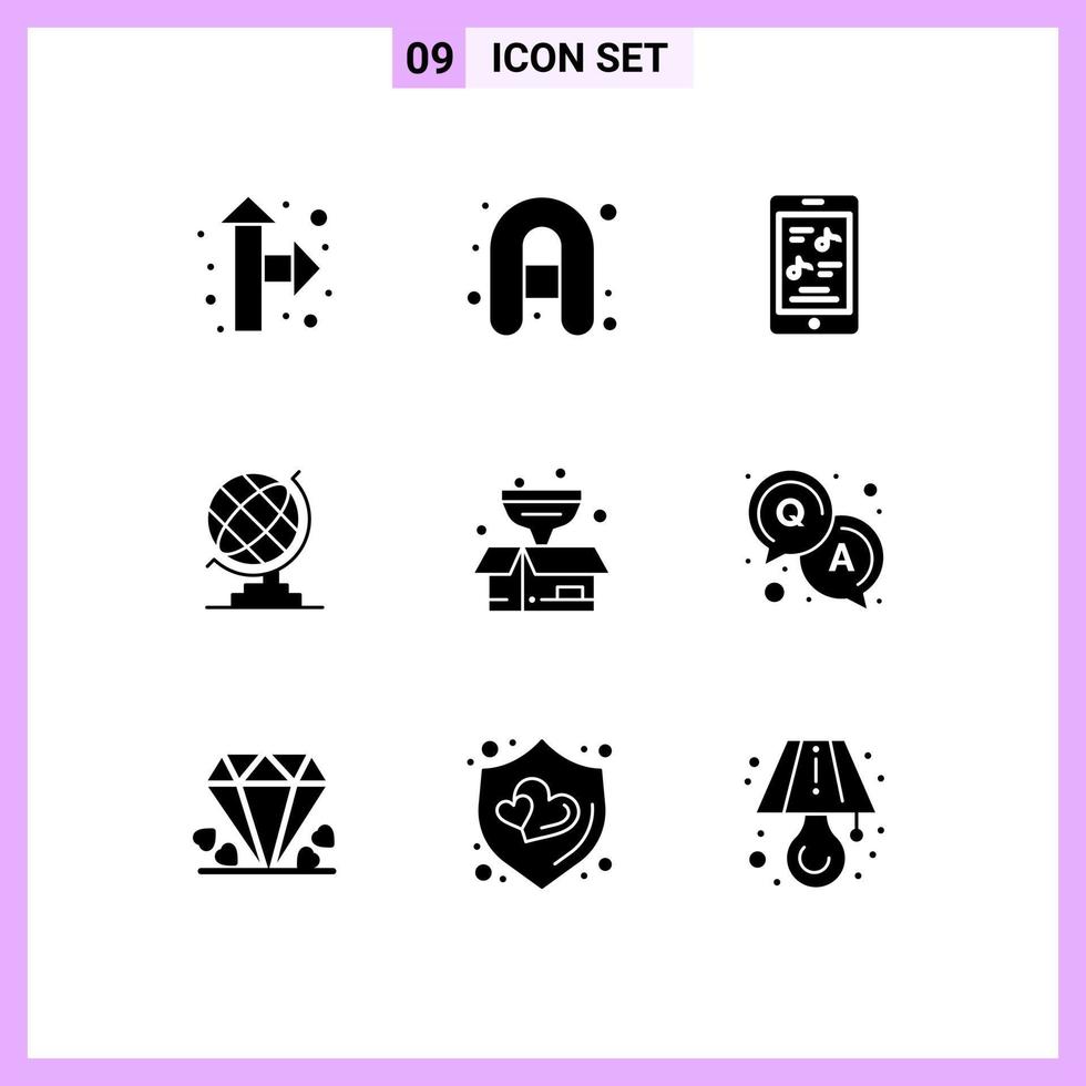 9 Universal Solid Glyphs Set for Web and Mobile Applications answer product music package globe Editable Vector Design Elements