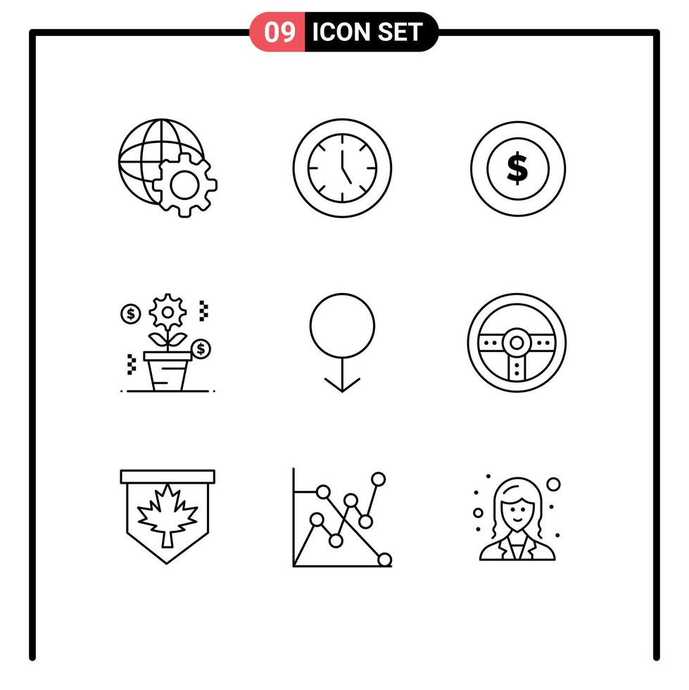 paquete de 9 signos y símbolos de contornos modernos para medios de impresión web, como elementos de diseño de vectores editables de dólar de crecimiento de moneda de género masculino