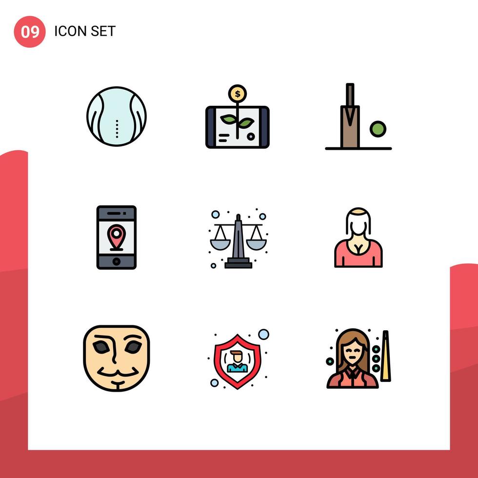 Stock Vector Icon Pack of 9 Line Signs and Symbols for balance scale signs smartphone pin location Editable Vector Design Elements