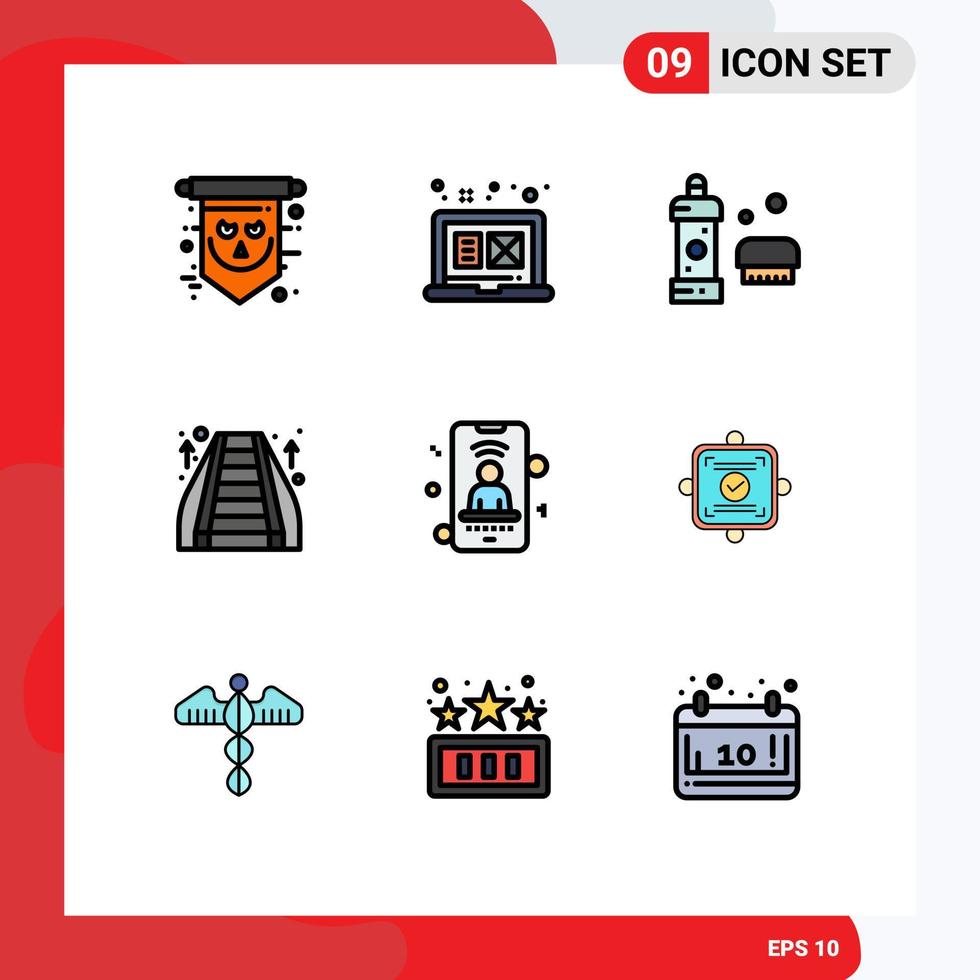 9 User Interface Filledline Flat Color Pack of modern Signs and Symbols of mall mall graphic design escalator detergent Editable Vector Design Elements