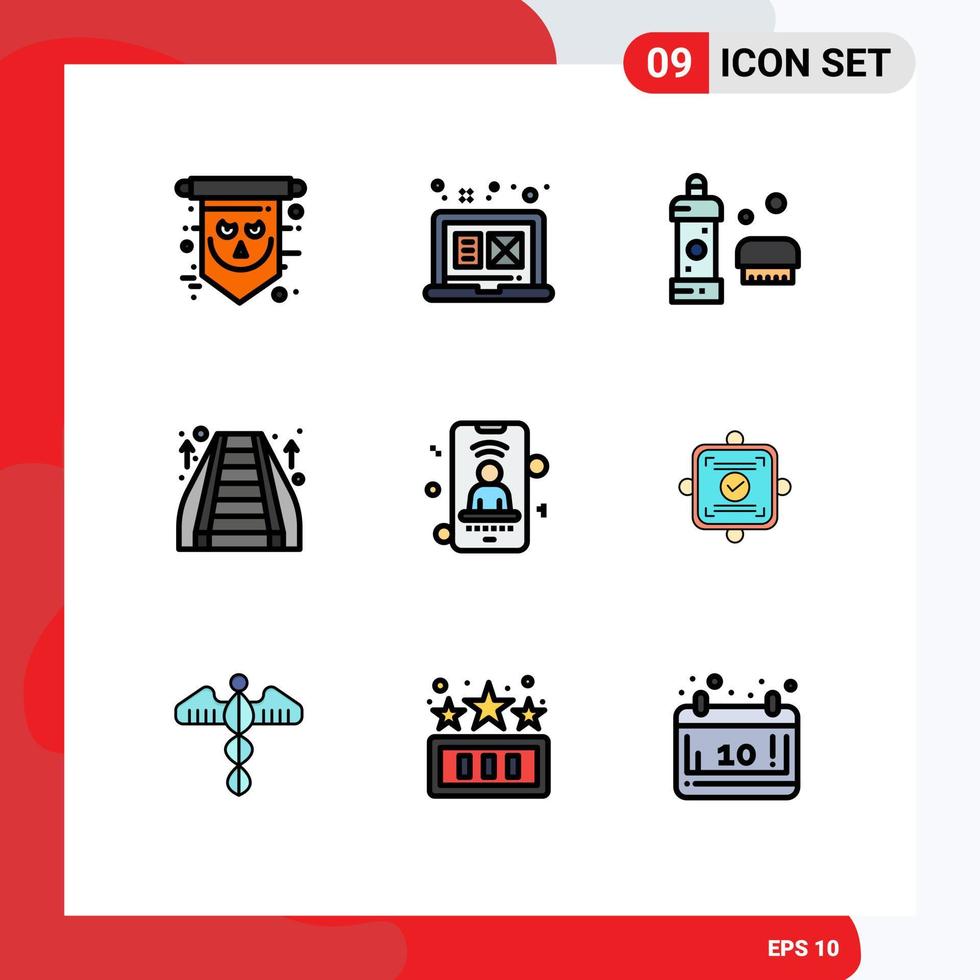 9 paquete de color plano de línea de relleno de interfaz de usuario de signos y símbolos modernos de diseño gráfico de centro comercial escaleras mecánicas detergente elementos de diseño vectorial editables vector