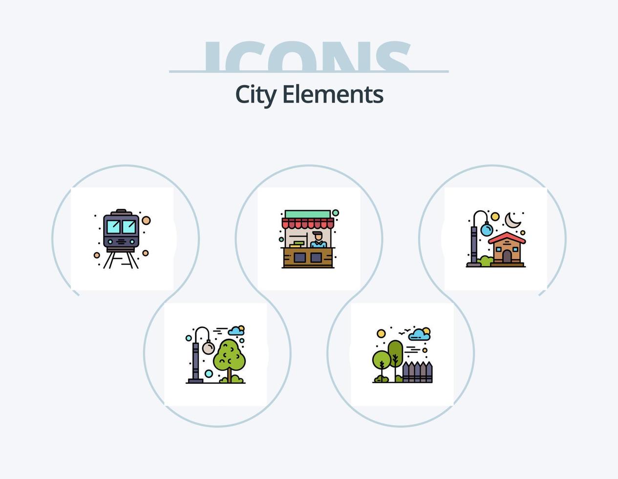 línea de elementos de la ciudad llena de icono paquete 5 diseño de iconos. paisaje urbano edificio. Teleférico. parque. ciudad vector