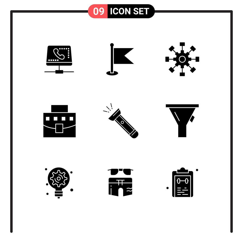 Solid Glyph Pack of 9 Universal Symbols of office bag world user network Editable Vector Design Elements